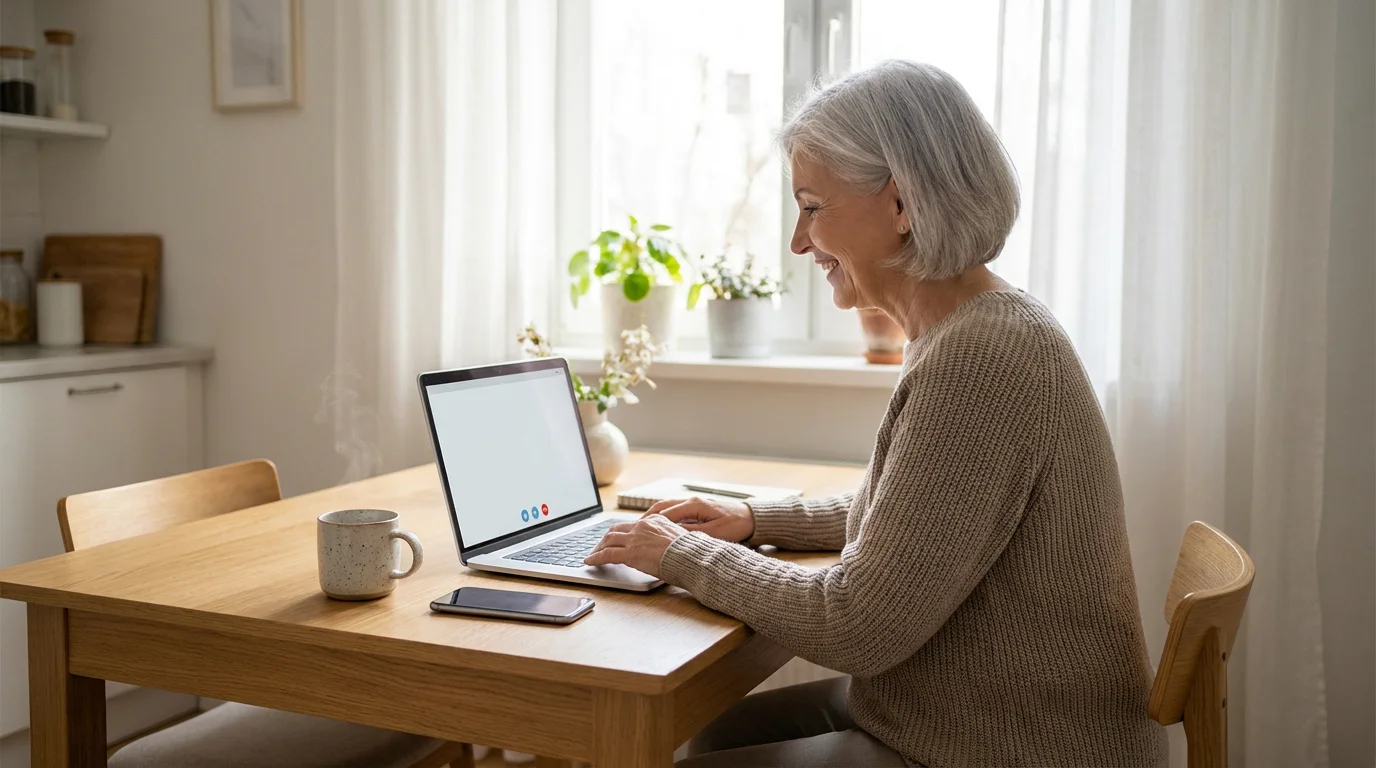 Senior woman sitting at table with laptop and phone ready for a video call.