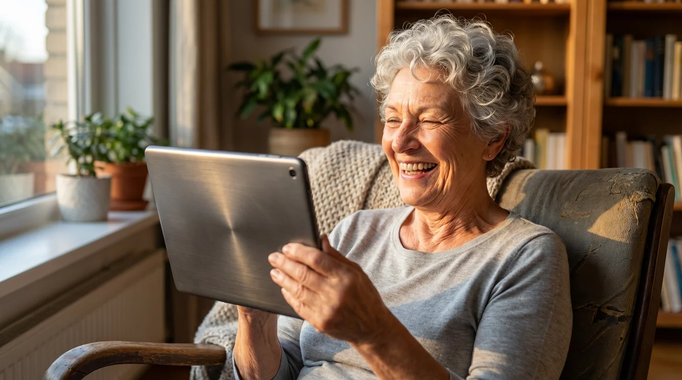 Senior woman smiling during a video call on a tablet in warm natural sunlight.