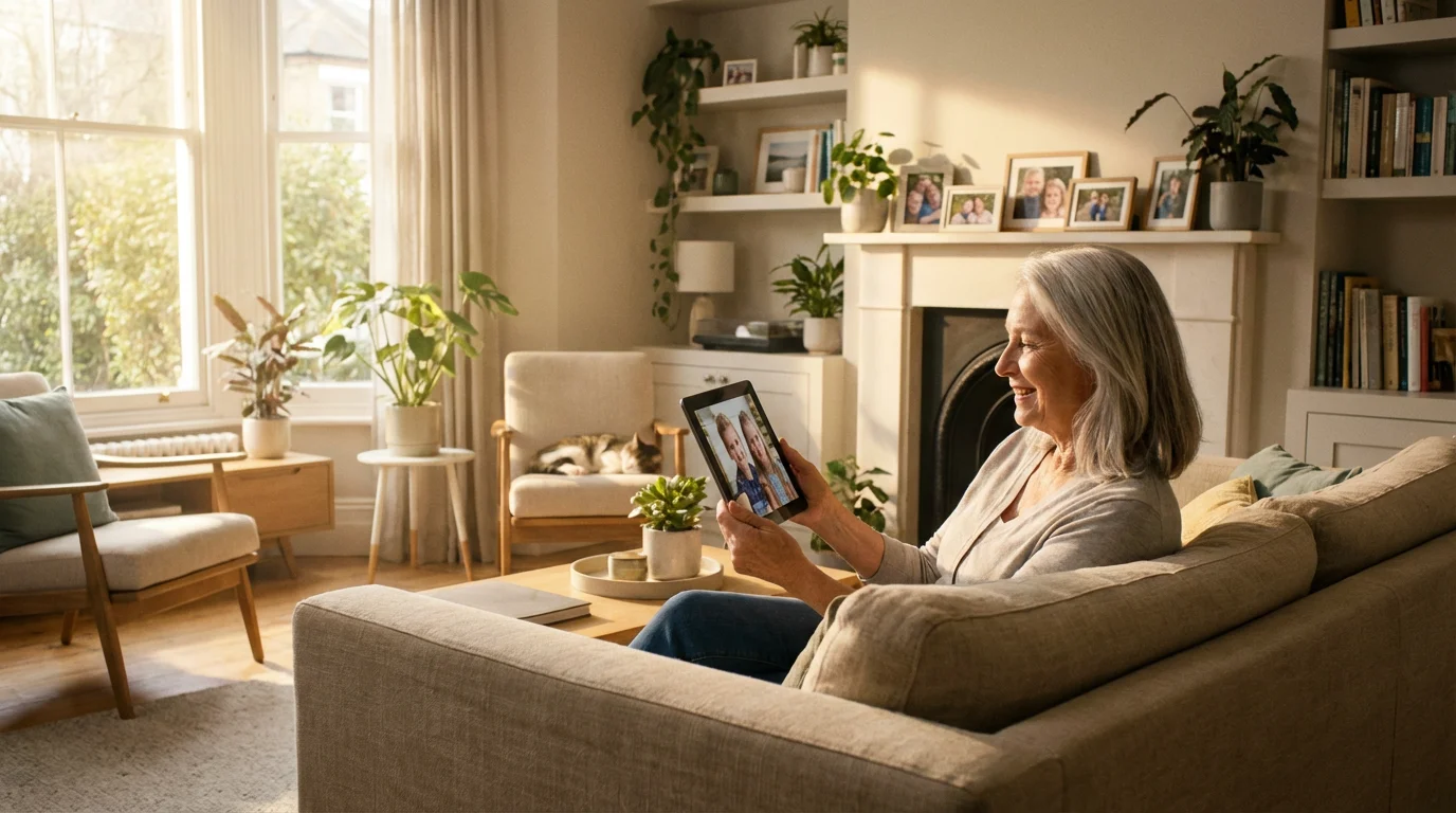Senior woman smiling while viewing family photos on a tablet in a sunny living room.