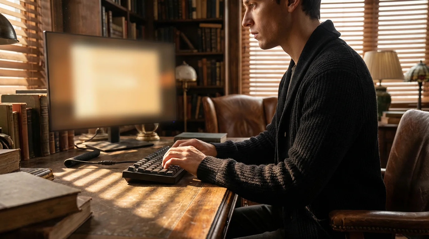 Side profile of person typing at desk with dramatic afternoon shadows and blurred screen.