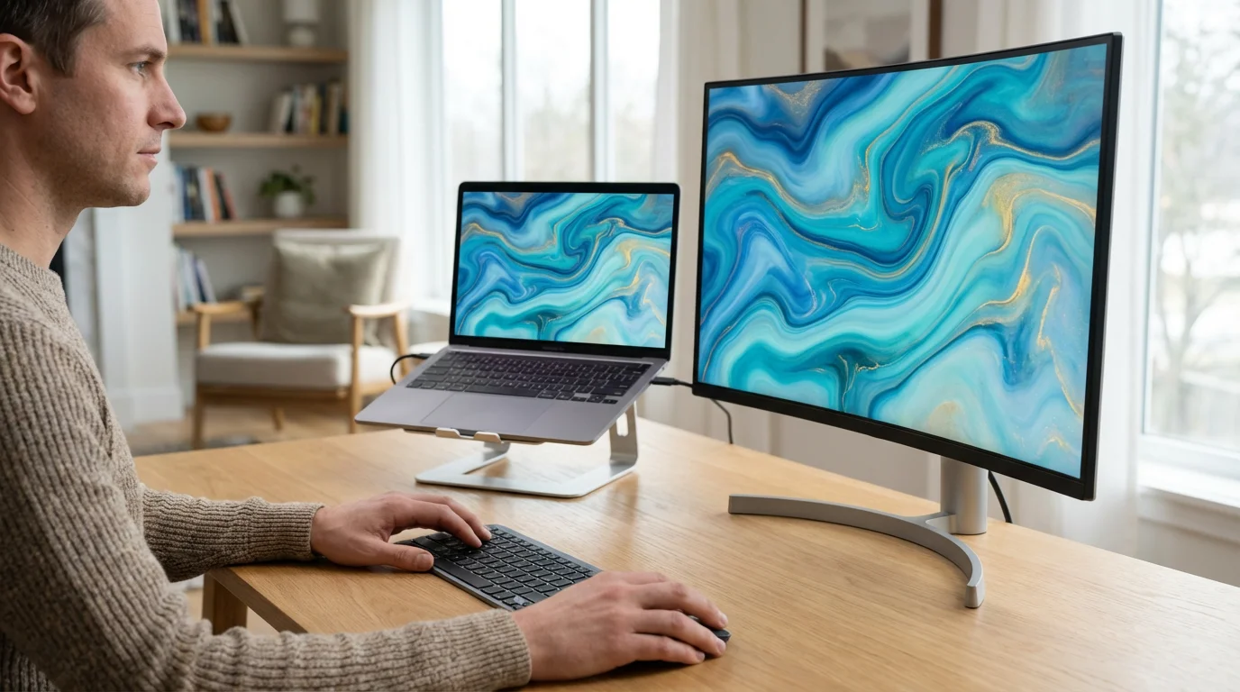Side view of a person working productively at a dual monitor computer setup.