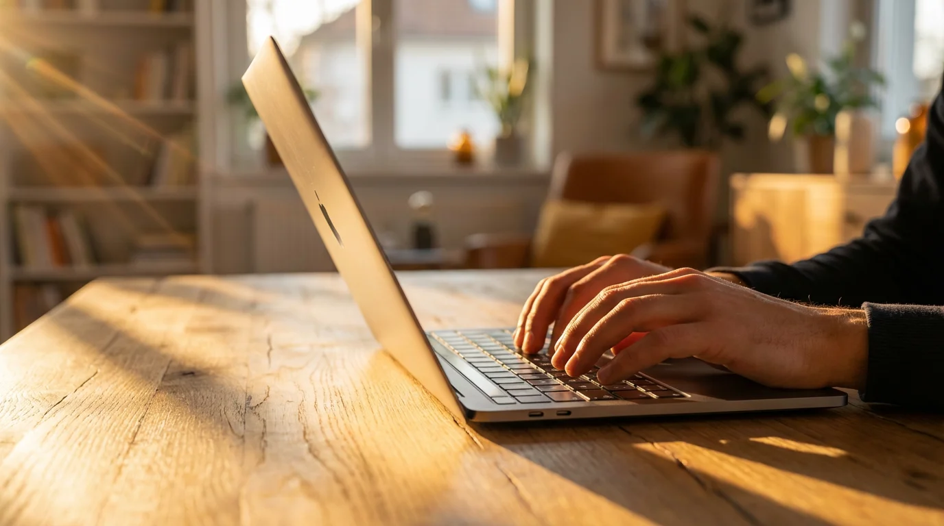 Side view of person using a silver laptop on a wooden desk during sunset.