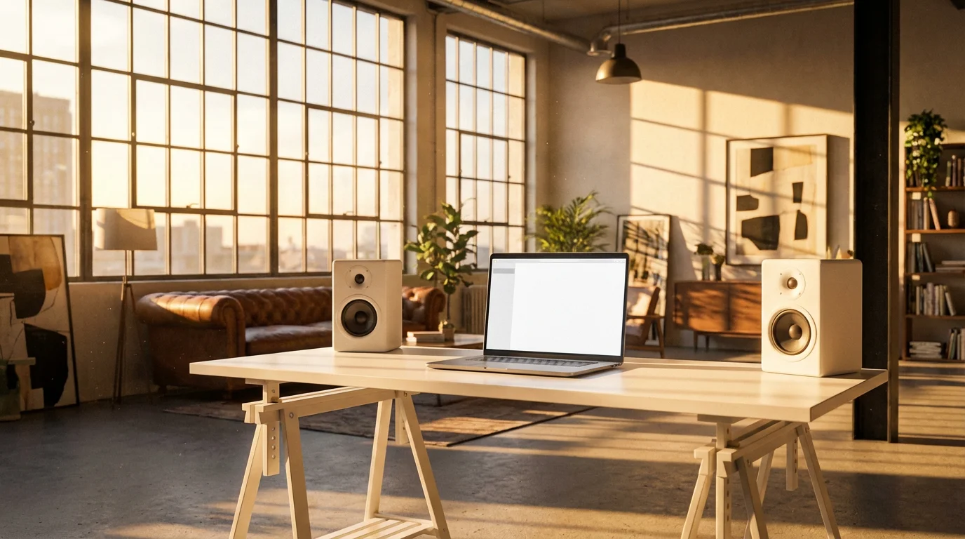 Silver laptop connected to white speakers in a sunlit industrial loft workspace.