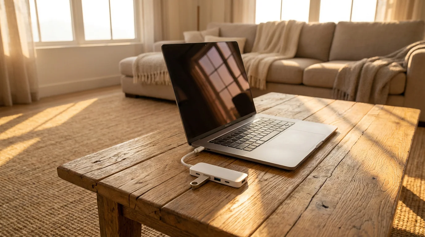 Silver laptop on coffee table with USB-C hub and flash drive connected in sunlight.