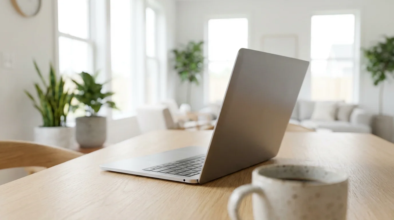 Silver laptop on wooden dining table in bright modern home interior.