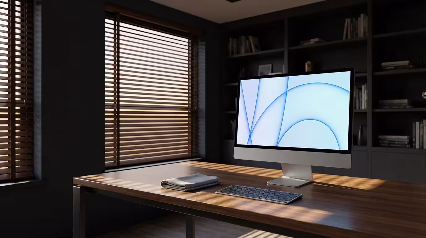 Sleek computer on walnut desk in a dark study with dramatic afternoon shadows.