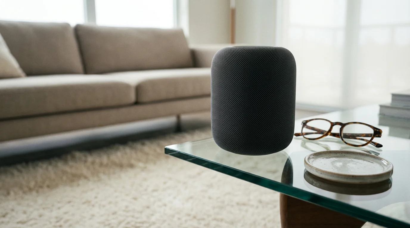 Smart speaker on glass coffee table in a modern lounge viewed from a low angle.