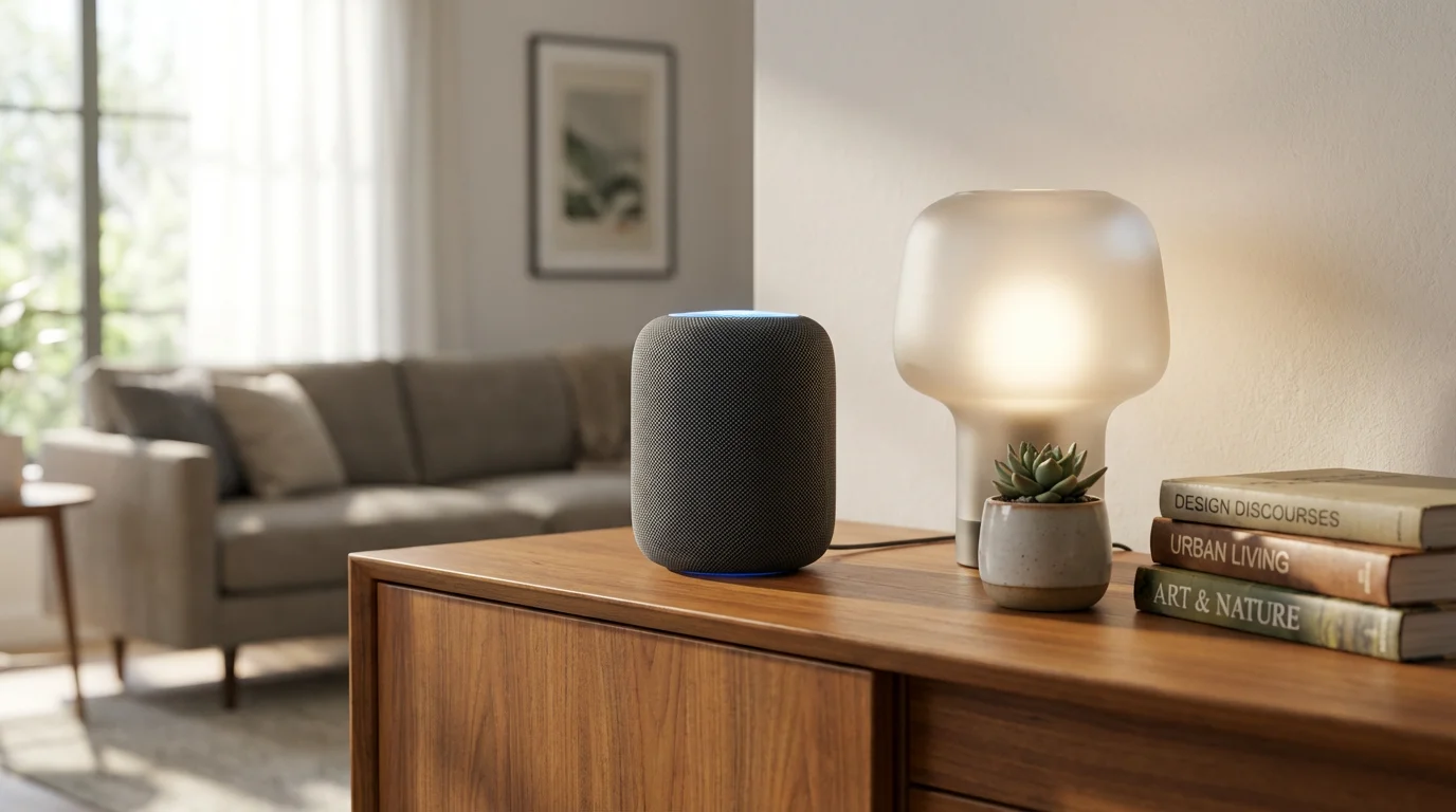 Smart speaker on wooden sideboard next to a lit lamp in a bright living room