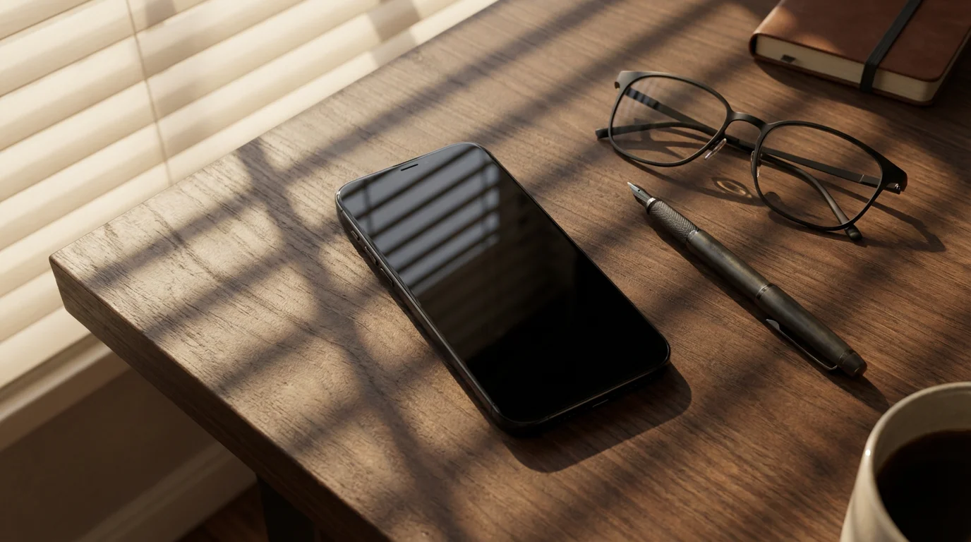 Smartphone and glasses on a dark desk with dramatic afternoon shadows in flat lay.