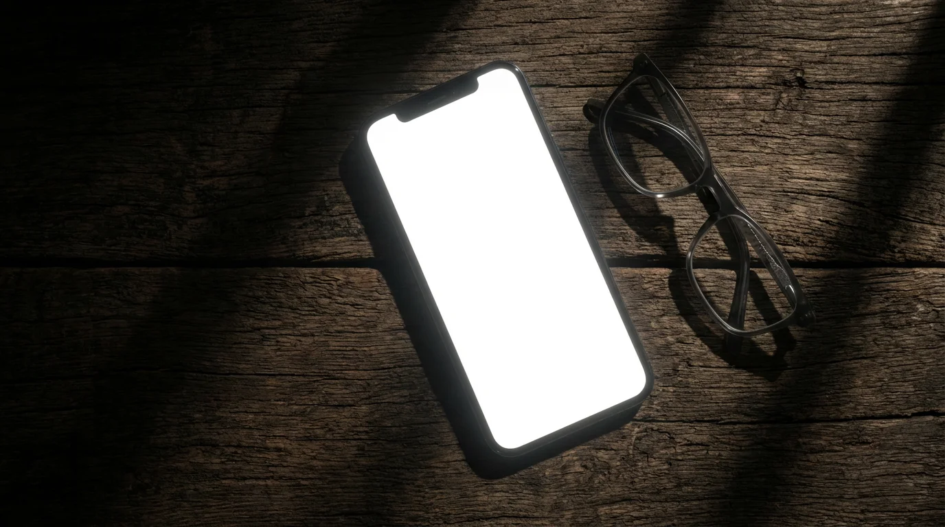 Smartphone glowing on a dark wooden desk next to reading glasses in moody lighting.