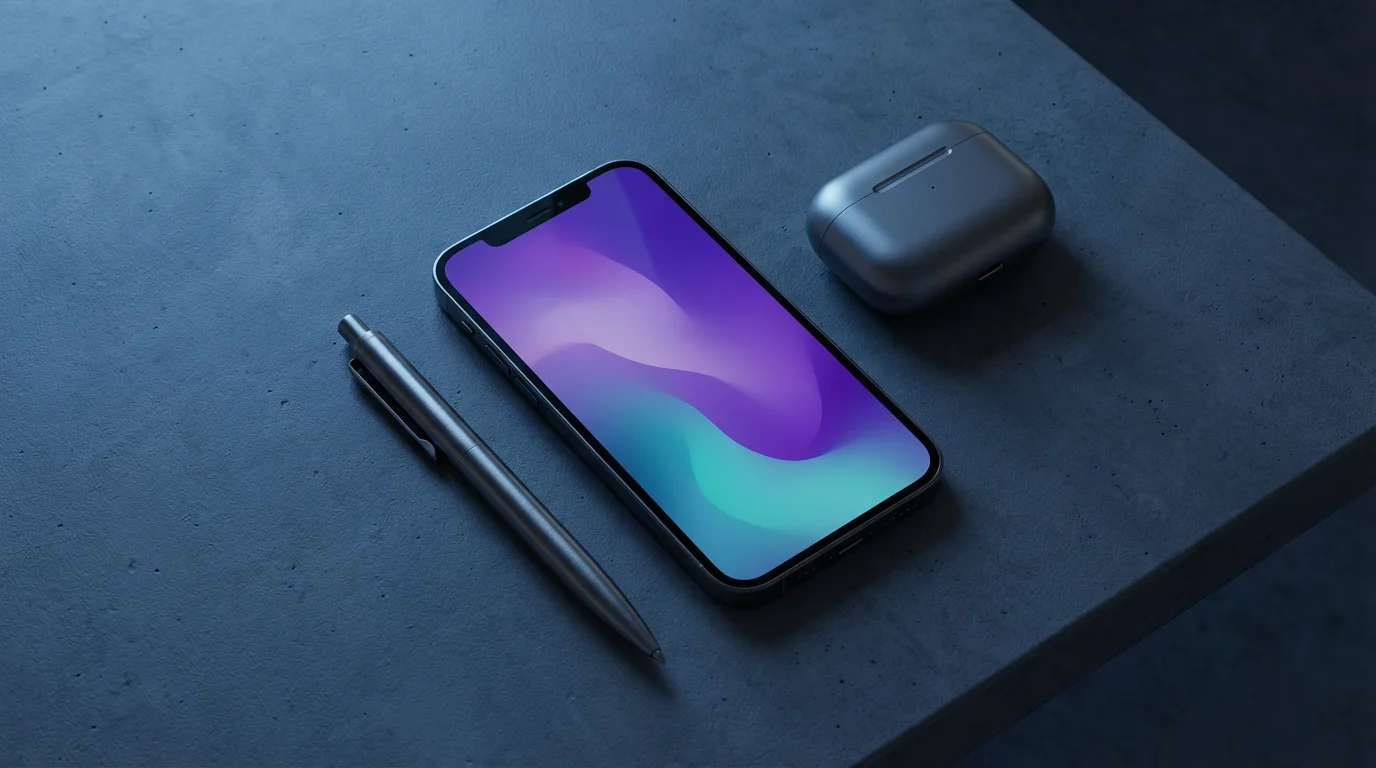 Smartphone on concrete surface displaying abstract glowing wallpaper during blue hour twilight.