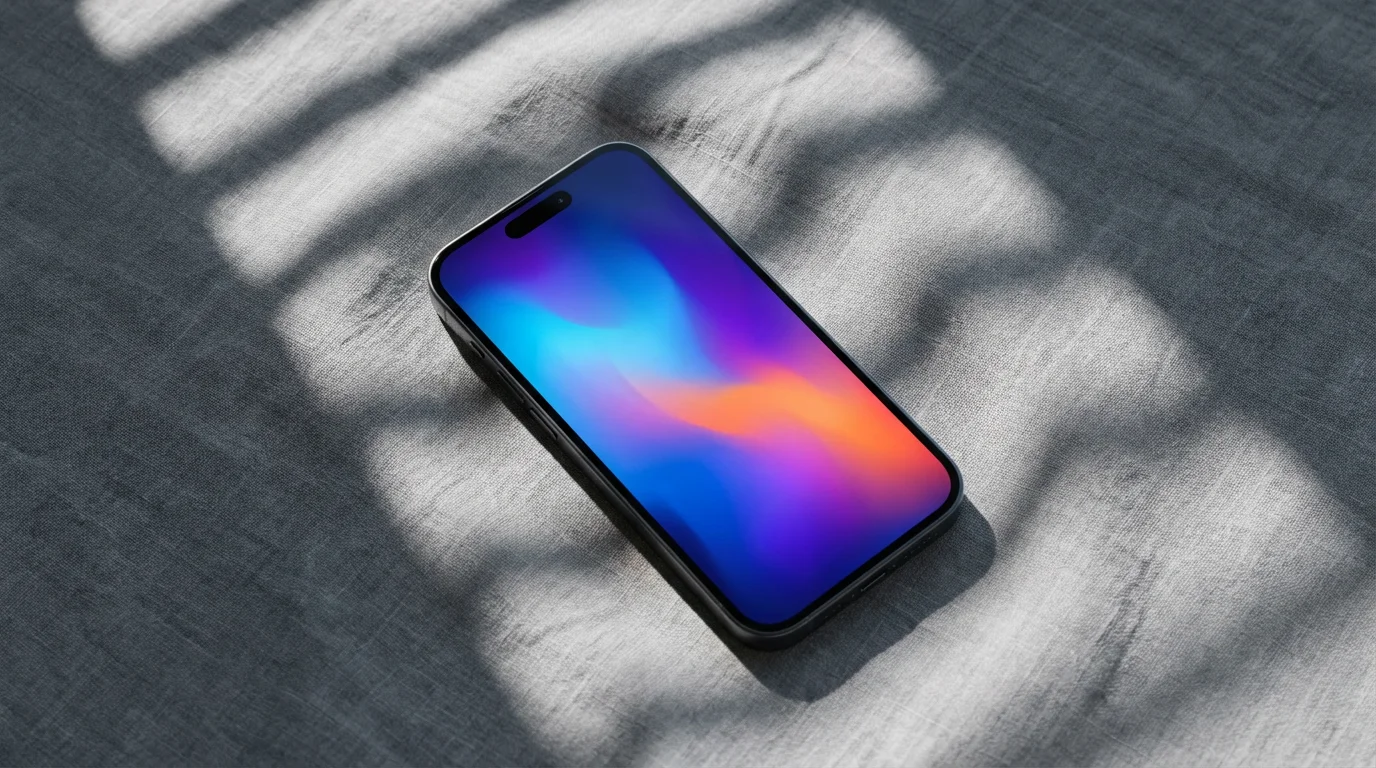 Smartphone on grey linen fabric with moody window blind shadows