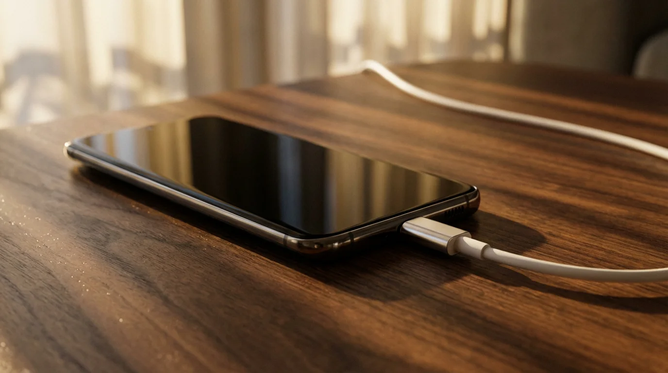 Smartphone plugged into a white charging cable resting on a wooden table in moody lighting