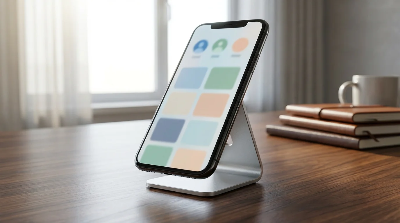 Smartphone resting on a clean desk stand with natural light and organized background.