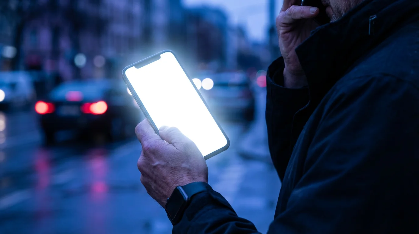 Smartphone screen glowing too brightly in a dark outdoor blue hour setting.