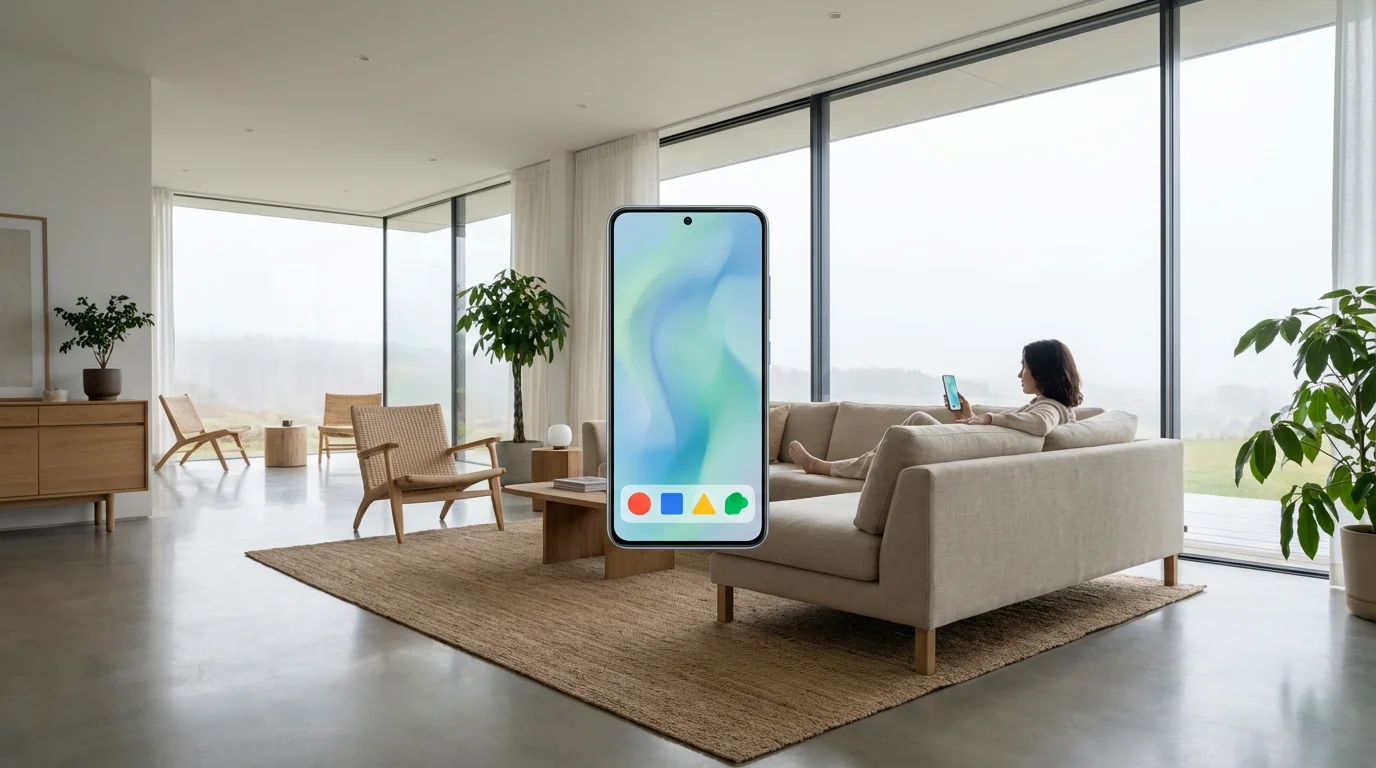 Smartphone used in a modern living room displaying the bottom app dock icons.