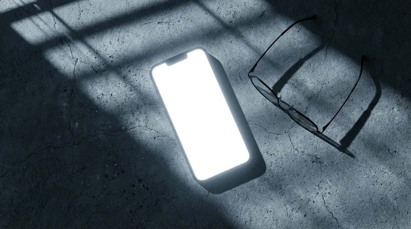 Smartphone with overly bright screen on concrete desk with dramatic shadow lines.