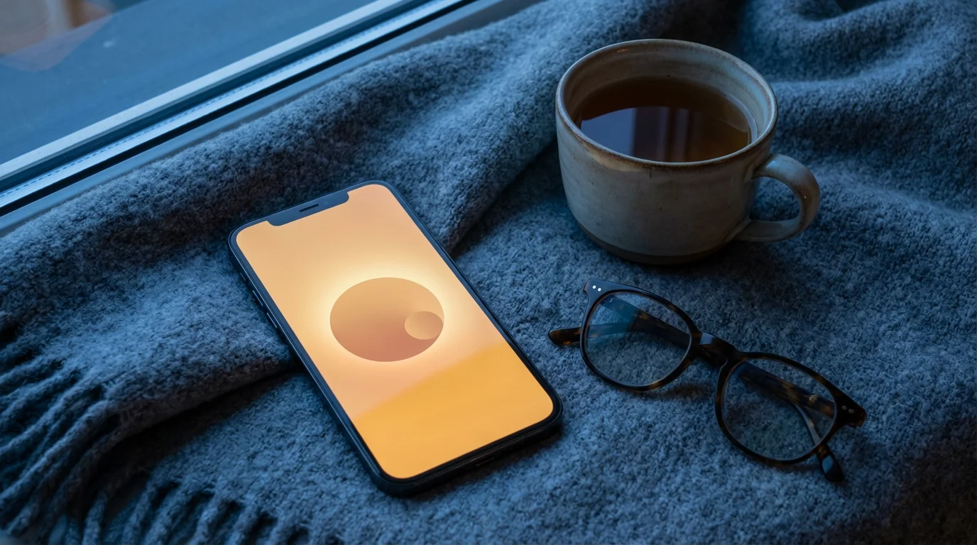 Smartphone with warm eye-comfort screen mode on a cozy blanket with glasses at twilight.