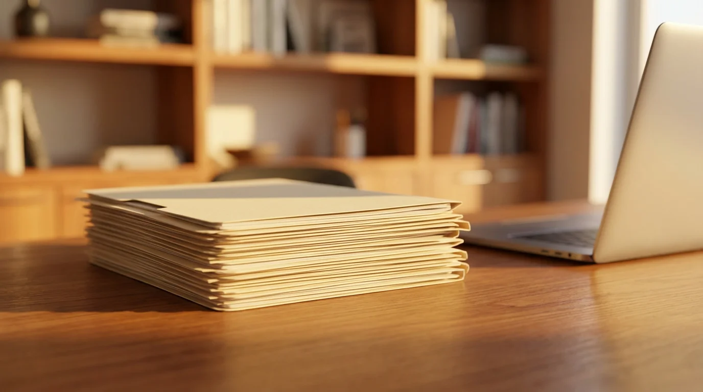 Stack of manila file folders on a wooden desk bathed in warm golden sunlight.