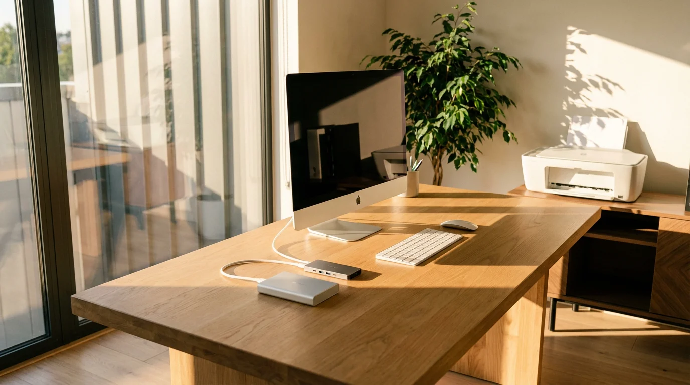 Sunlit home office desk with Mac, printer, external drive, and USB hub setup.