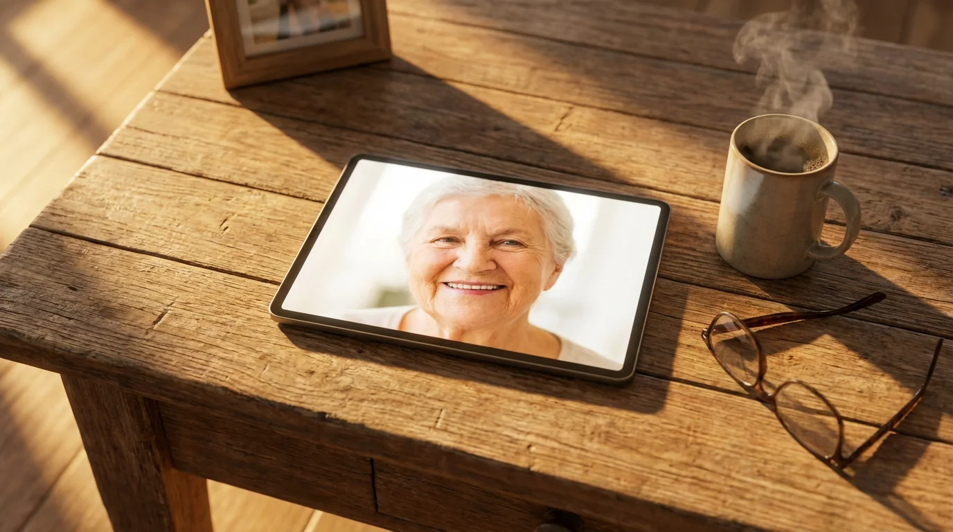 Tablet on wooden table showing a video call with a grandmother next to tea.