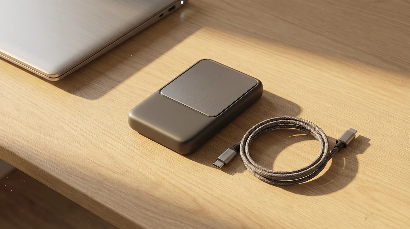 Top-down view of external hard drive and cable on a desk in warm sunlight.
