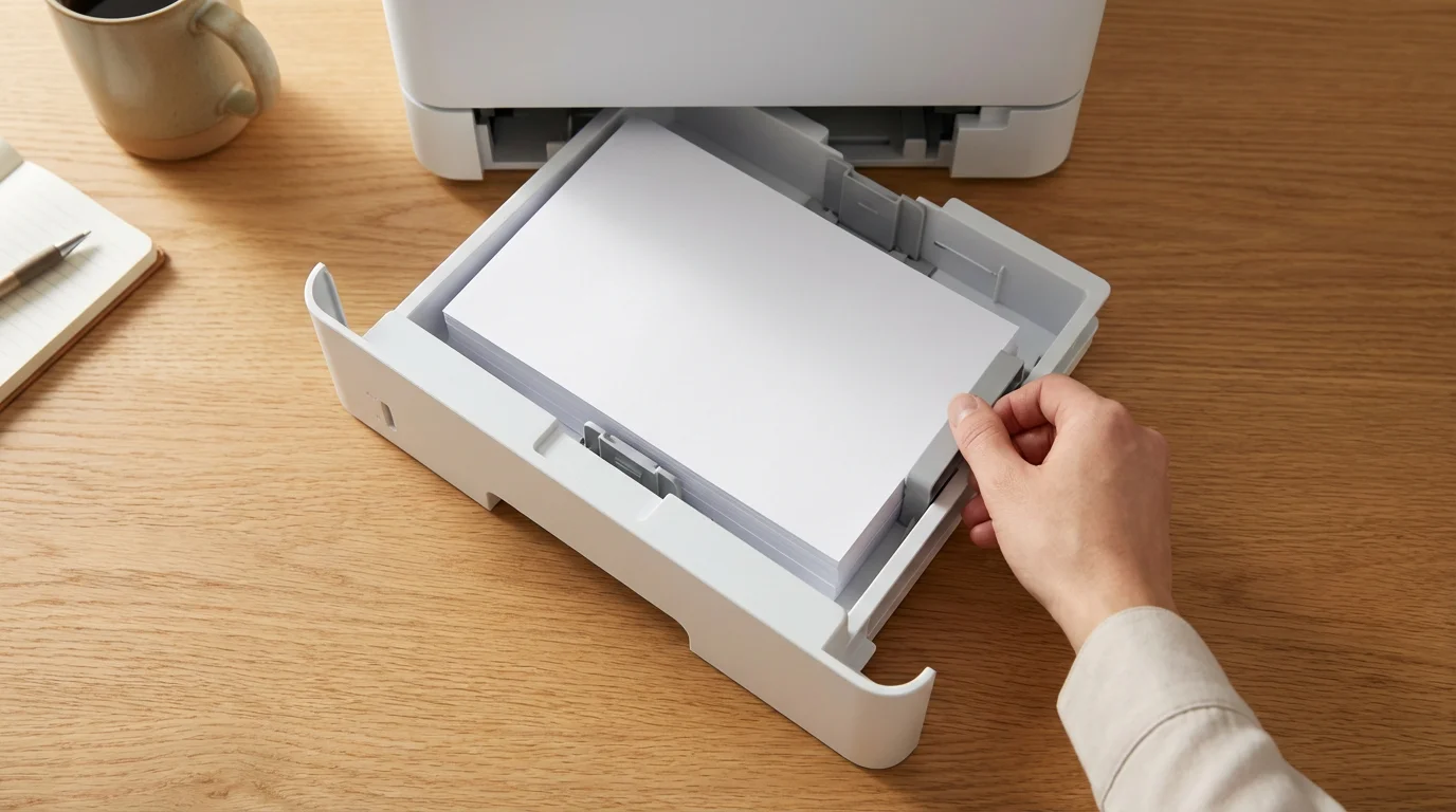 Top-down view of fresh white paper stacked neatly in an open printer tray.