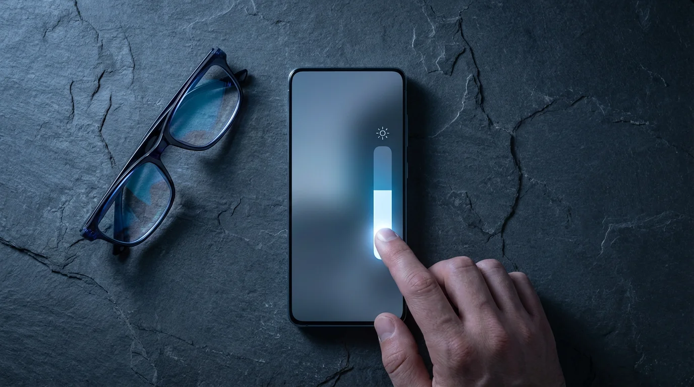 Top-down view of hand adjusting smartphone brightness slider on dark surface during evening.