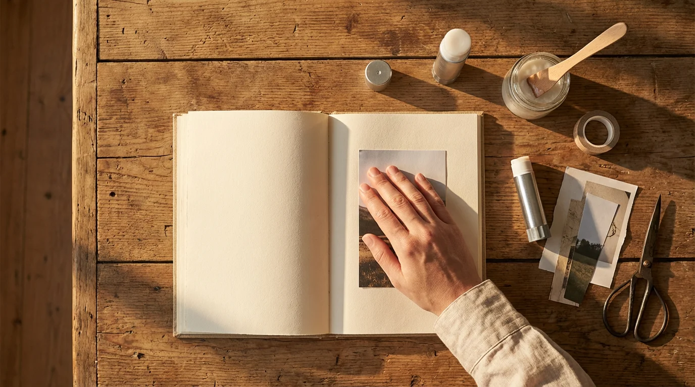 Top-down view of hands pasting a photo cutout into a scrapbook with glue.