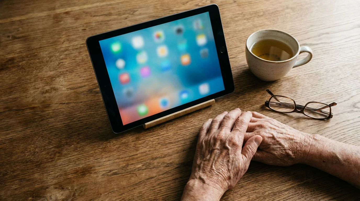 Top-down view of senior's hands near a tablet and tea during a video call.