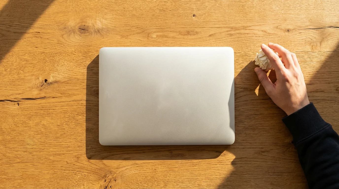 Top down view of silver laptop on desk with hand discarding crumpled paper during golden hour