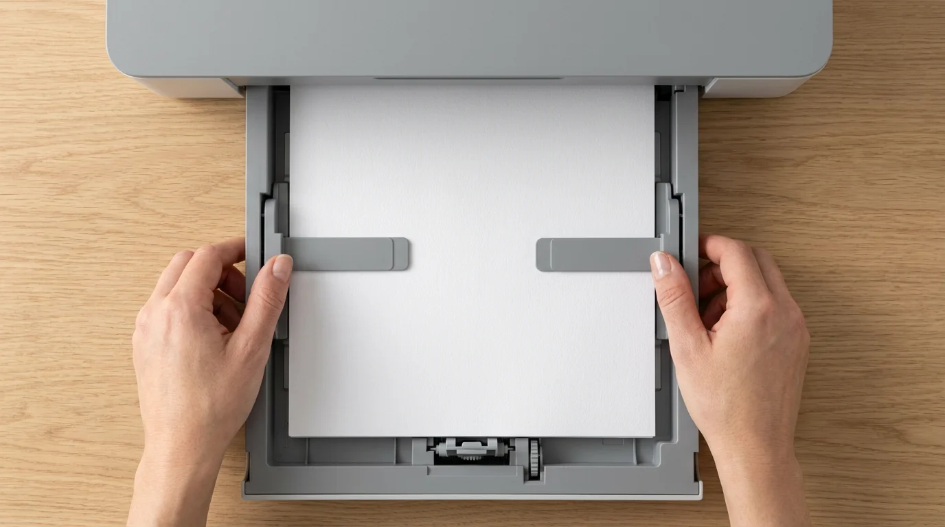 Top view of hands adjusting paper guides on a printer tray to align paper.