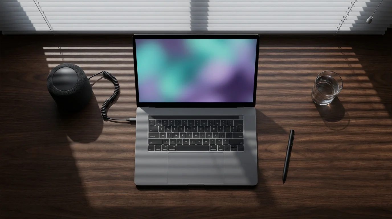 Top view of laptop connected to a black speaker on a dark desk with shadows.