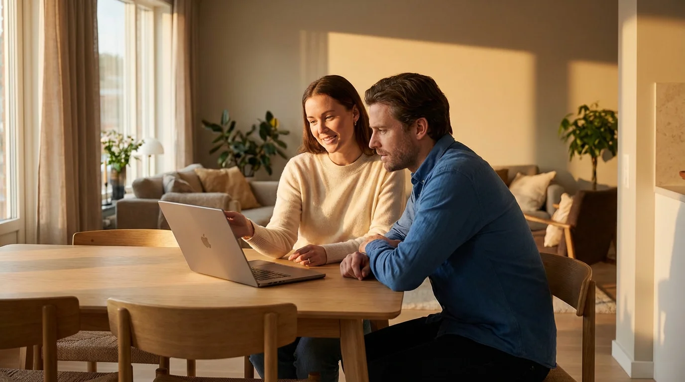 Two people sitting at a table discussing next steps with a laptop in warm light.