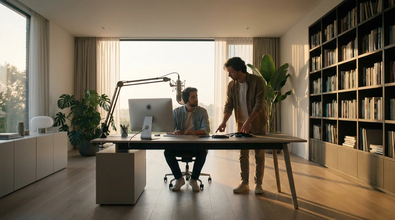Two people troubleshooting a microphone setup in a sunlit modern home office.
