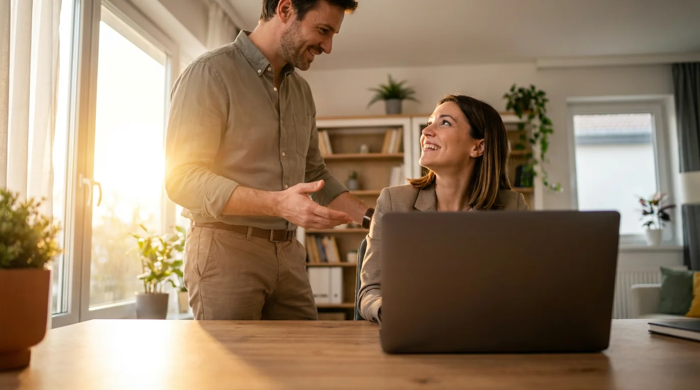 Two professionals discussing a solution in a sunlit office during golden hour.