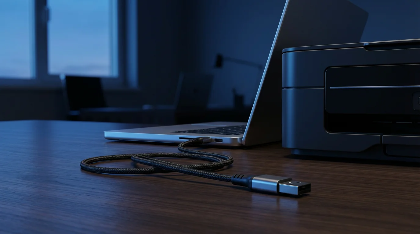 USB cable connecting a silver laptop to a printer in low evening light