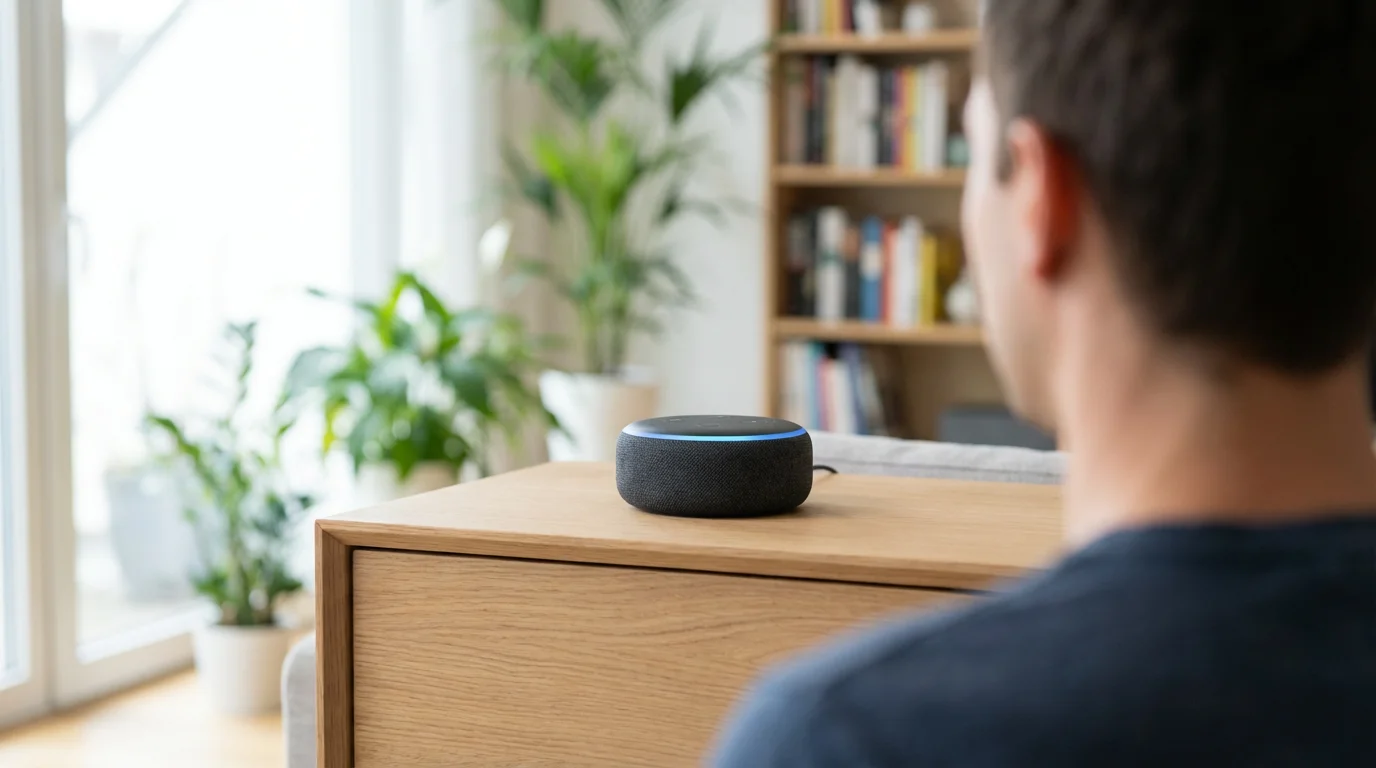 View over a person's shoulder looking at a round smart speaker on a wooden shelf.