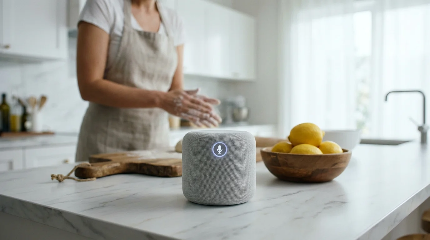 White smart speaker on kitchen counter with person cooking in background during daytime.