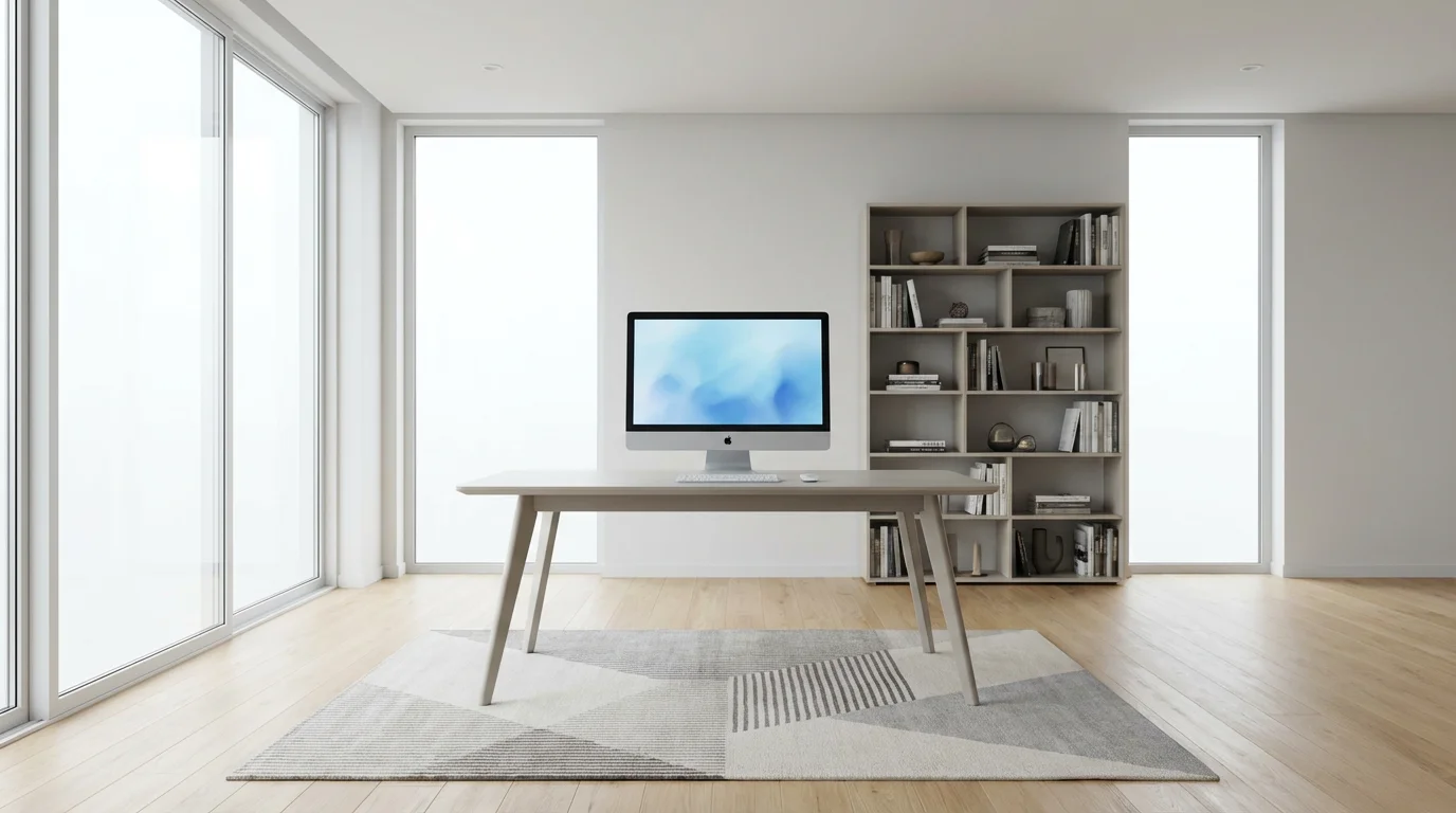 Wide angle photo of a clean modern home office with a computer on a desk