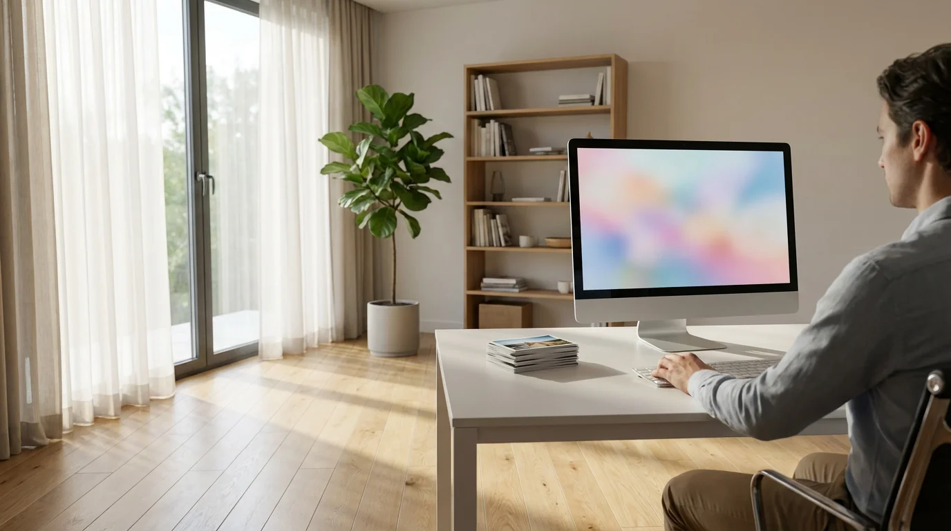 Wide angle view of a bright home office workspace with a person organizing digital files.