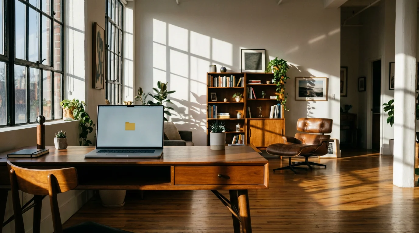 Wide angle view of a tidy home office desk bathed in dramatic afternoon sunlight.