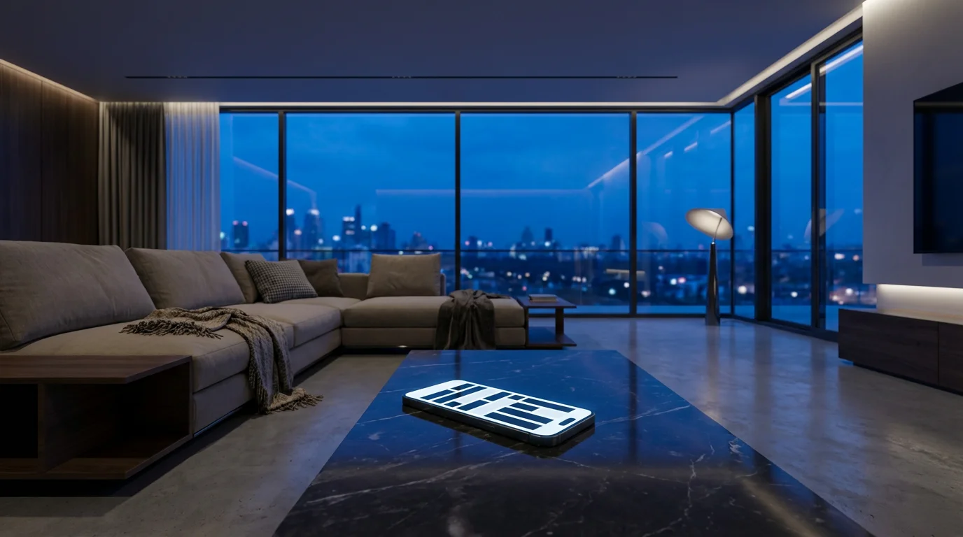 Wide environmental shot of a smartphone displaying large text settings during blue hour.