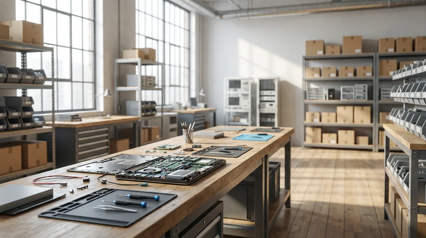 Wide shot of a clean computer repair workspace with disassembled hardware on a desk.