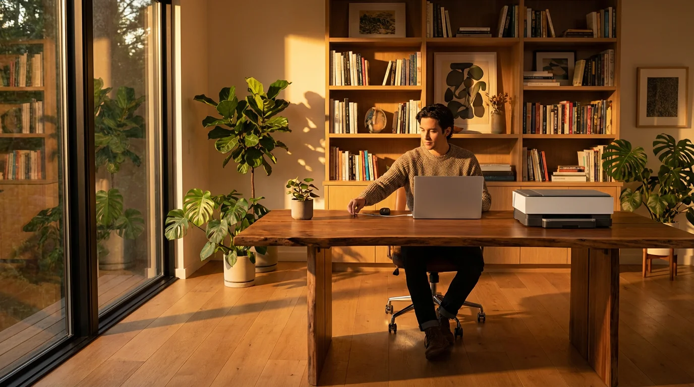 Wide shot of a person connecting a printer USB cable to a laptop in a sunlit office.