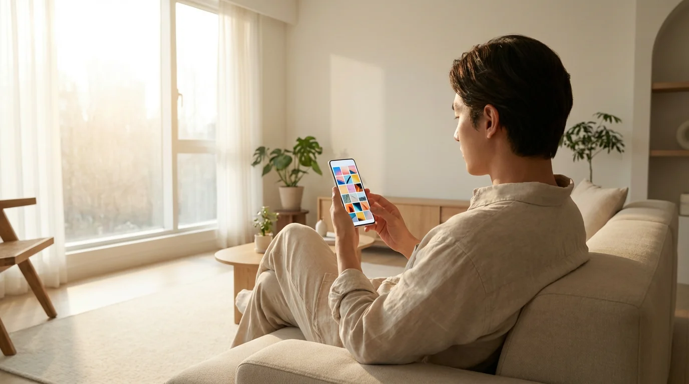 Wide shot of a person scrolling through a colorful photo gallery on a smartphone in soft morning light.