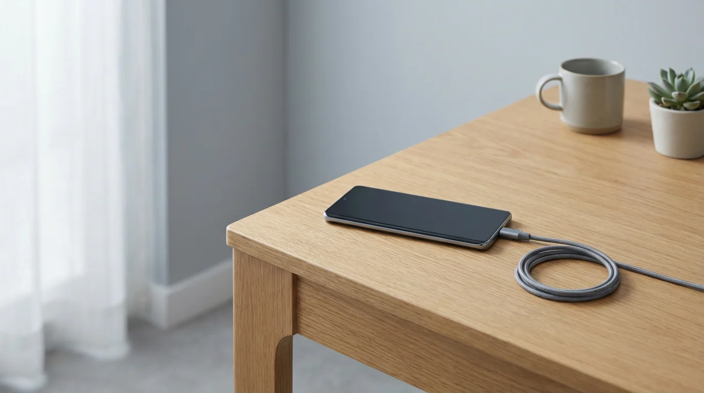 Wide shot of a smartphone charging on a clean, light wood desk under bright diffused light.