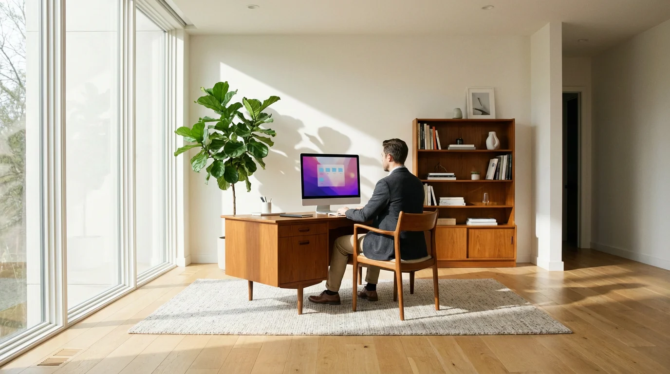 Wide shot of a tidy home office with natural light and a user organizing files.