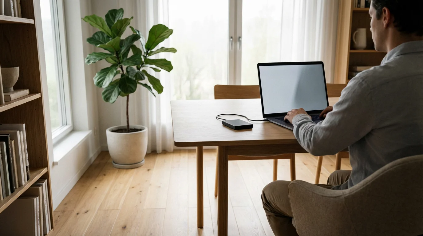Wide shot of person connecting external hard drive to laptop in sunny home office