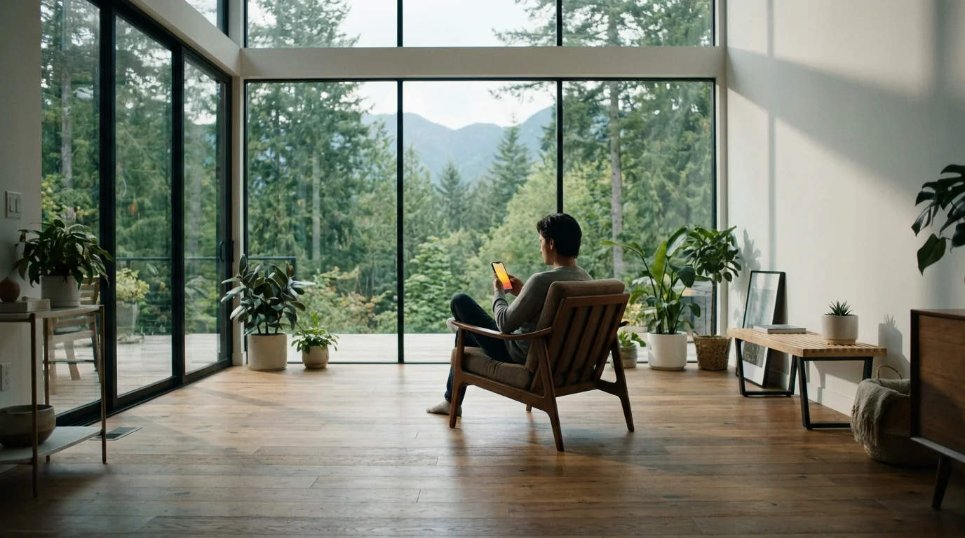 Wide shot of person holding smartphone with warm screen filter in sunlit living room.